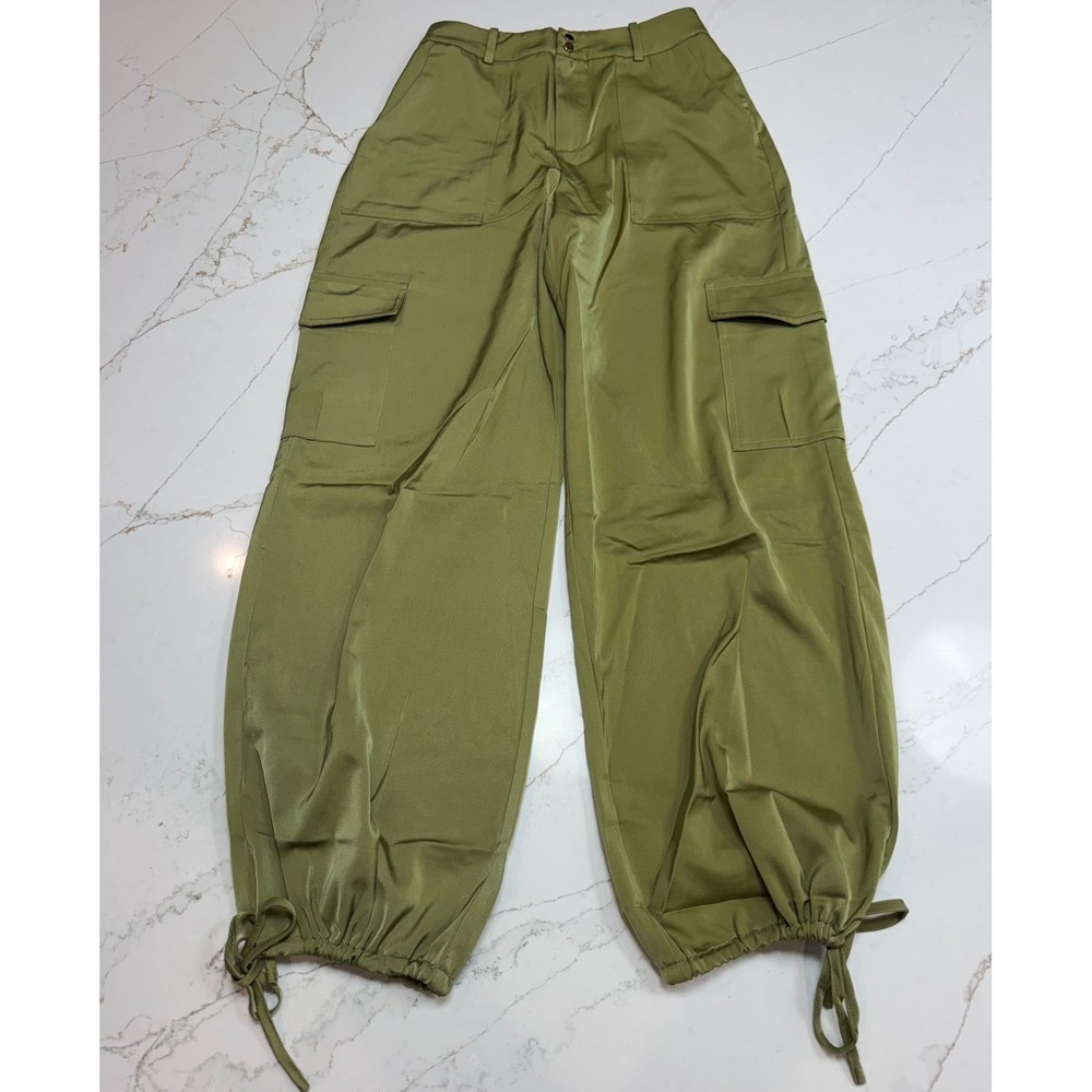 Talulah Womens Olive Green Satin Cargo Pants Wide Leg Drawstring Ankle NWOT
